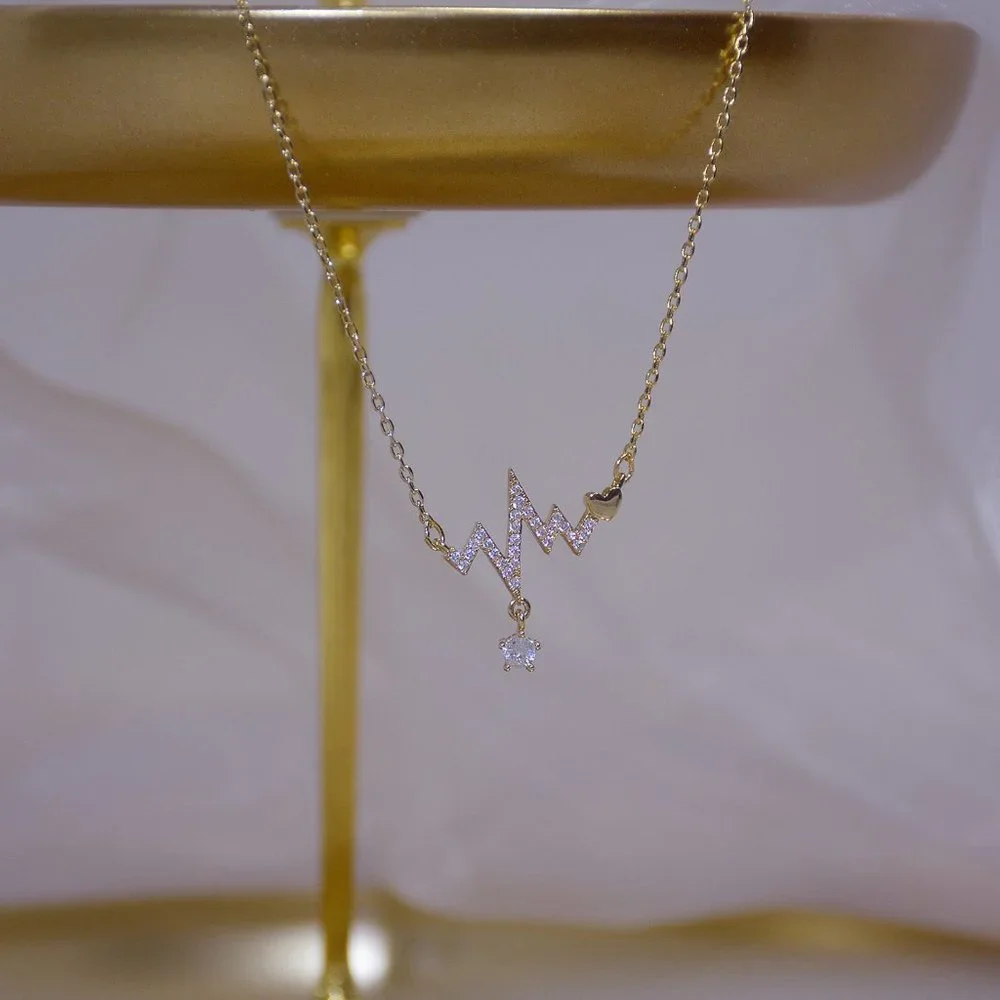 NEW 14K Gold Plated Diamond Heartbeat Necklace